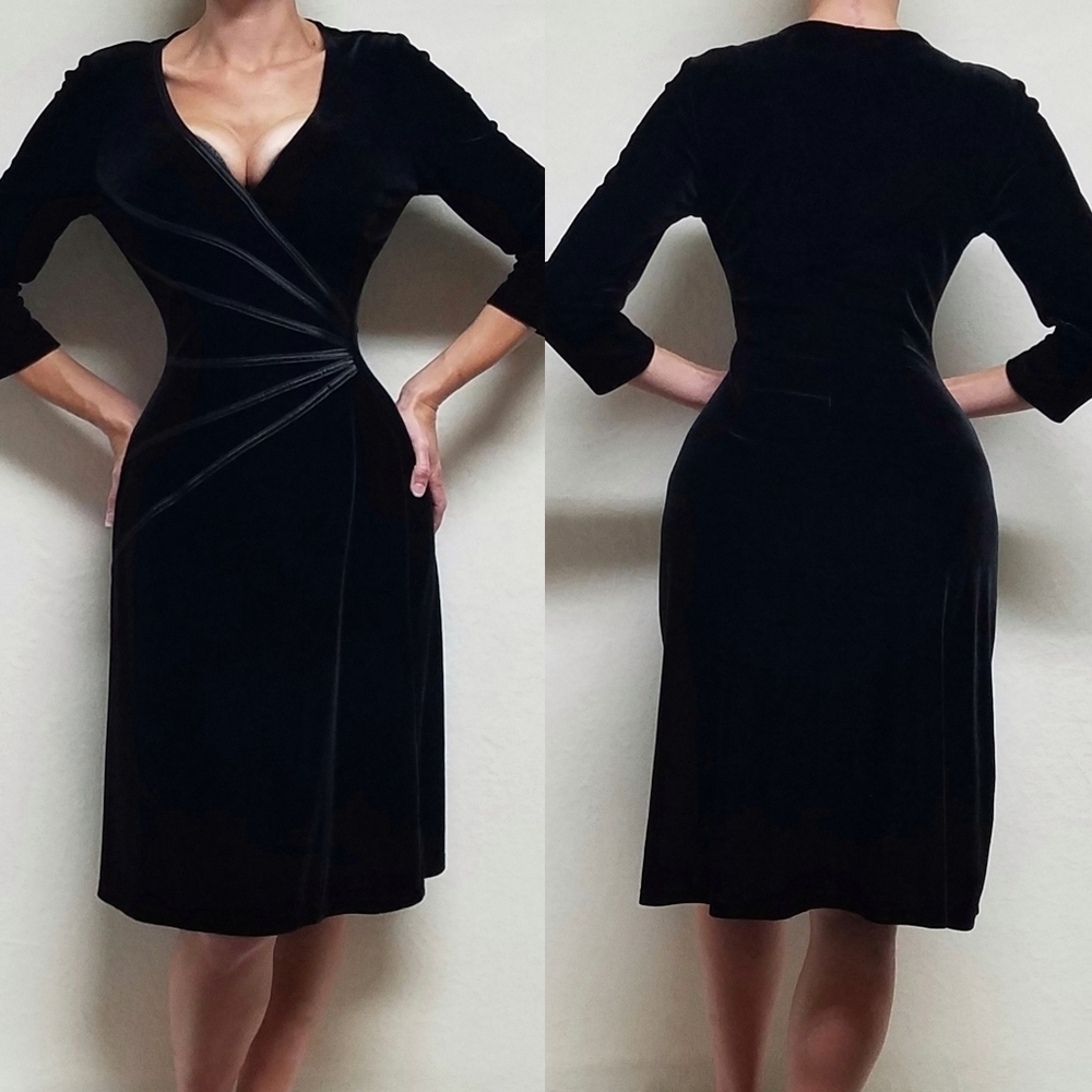 90s Vintage Midnight Black Velvet Satin Starburst Detail Midi Witchy Dress Med